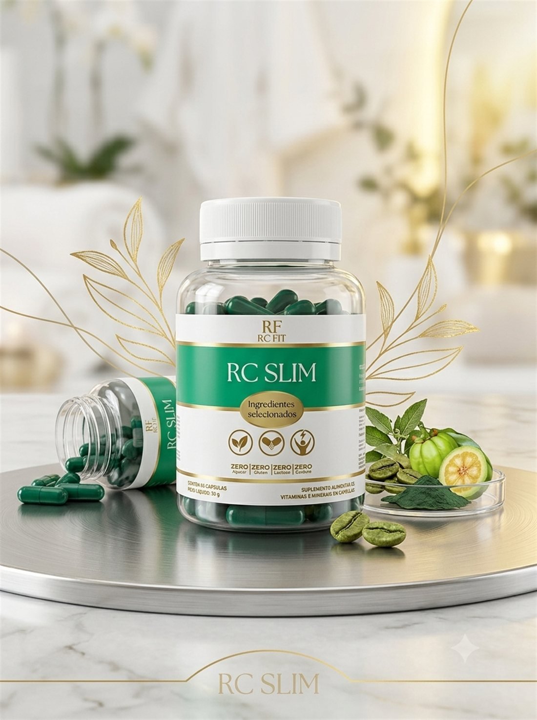 RC Slim: pote com cápsulas verdes, café verde e garcinia sobre bandeja prateada